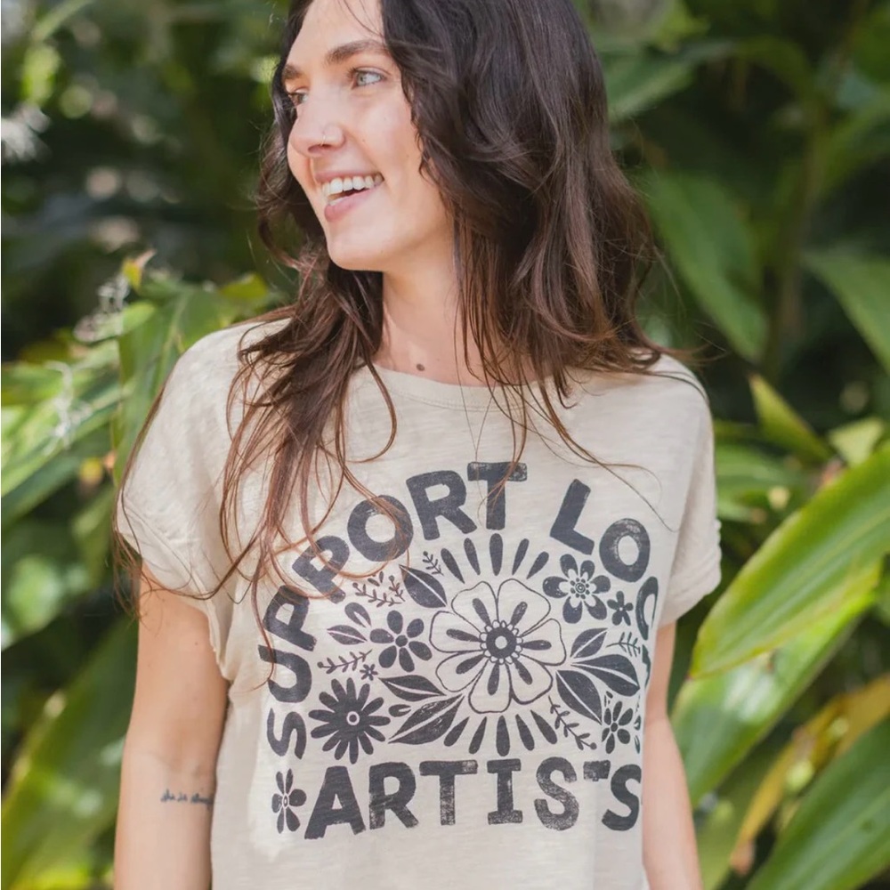 NWT Natural Life Frankie Cotton Boxy Tee 'Support Local Artists' in Beige